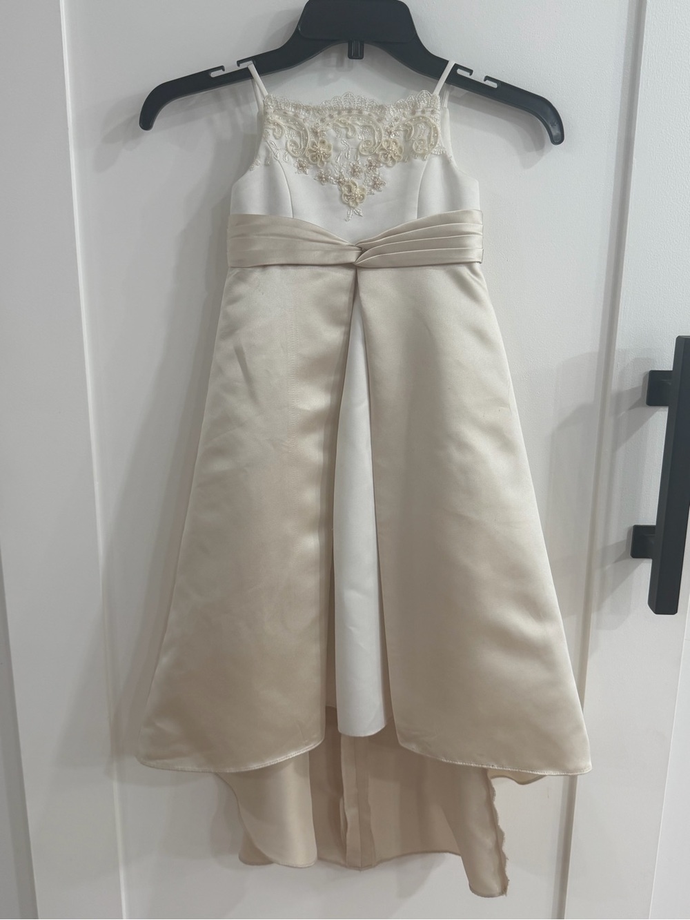 David's Bridal 2T Flower Girl Satin Dress High-Low Train - Ivory/Champagne